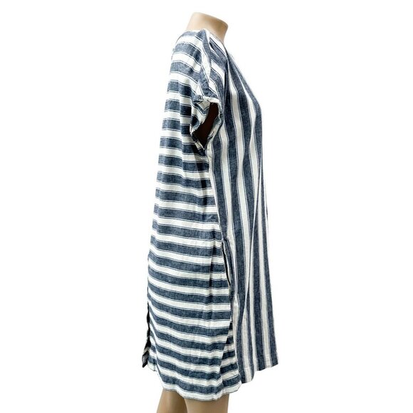 Madewell Stripe Play Button Back Dress Linen Cotton Transatlantic Blue Women M - Picture 6 of 16